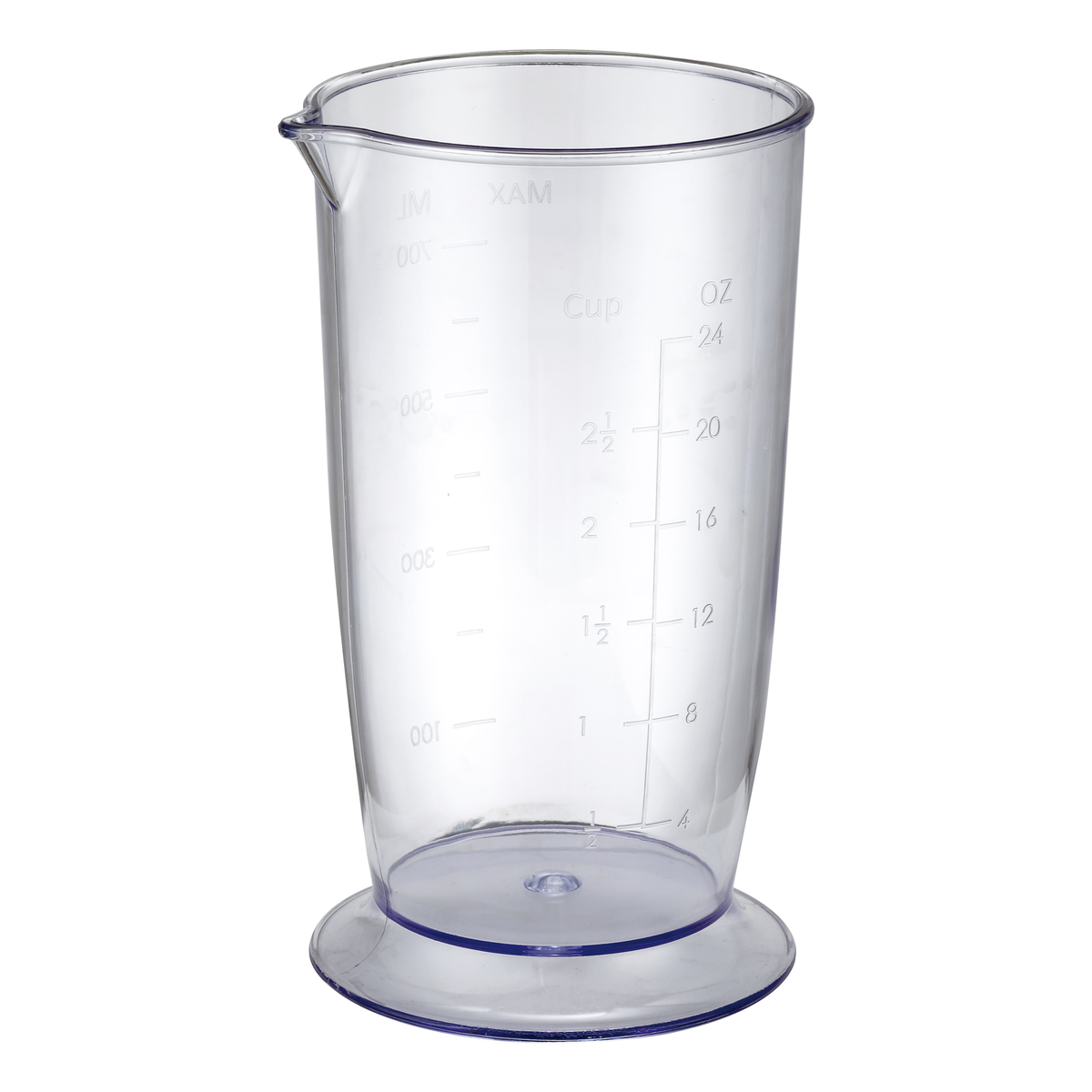 Vaso medidor de plástico transparente con líneas de medición impresas, sobre fondo blanco.