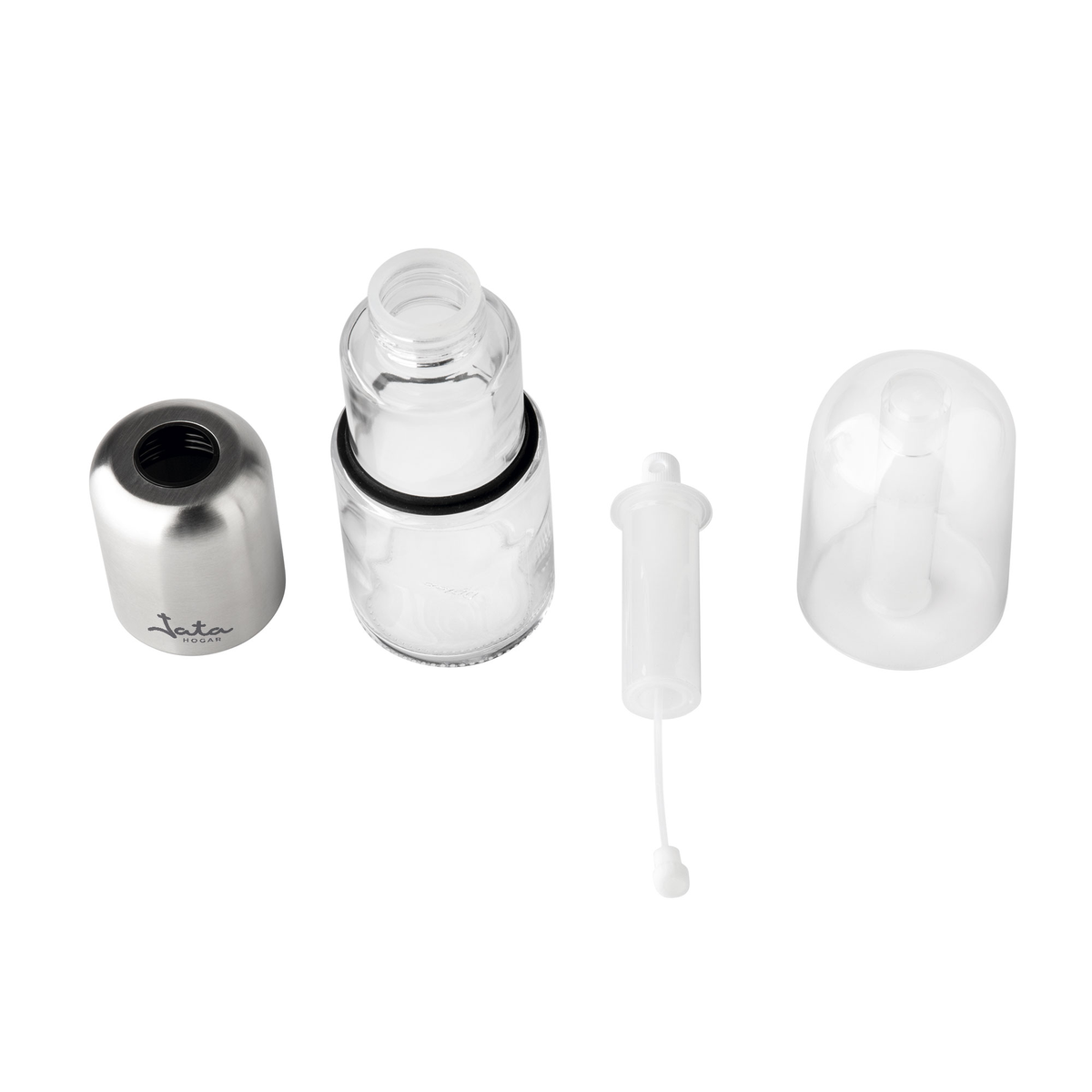 Juego de utensilios de cocina desmontado, acero inoxidable y vidrio. Contiene un recipiente, una botella y un gotero.