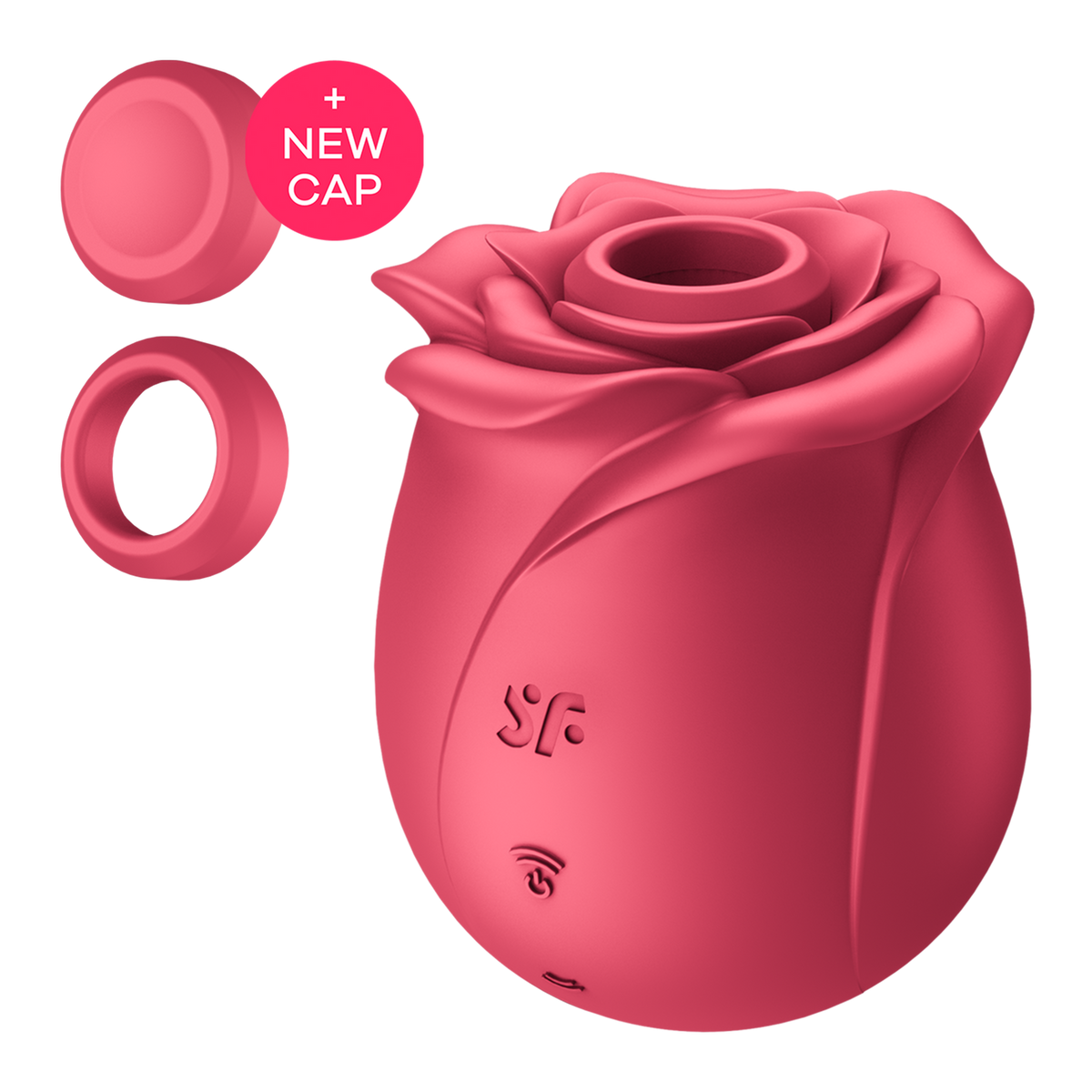 Czerwony wibrator w kształcie róży z dwoma oddzielnymi różowymi akcesoriami na czarnym tle.