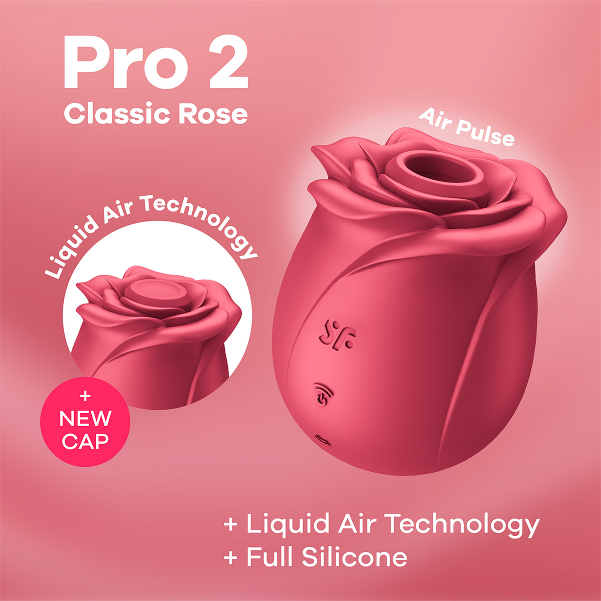 Różowy wibrator w kształcie róży z tekstem: Pro 2, Classic Rose. Plus Liquid Air Technology i Full Silicone.