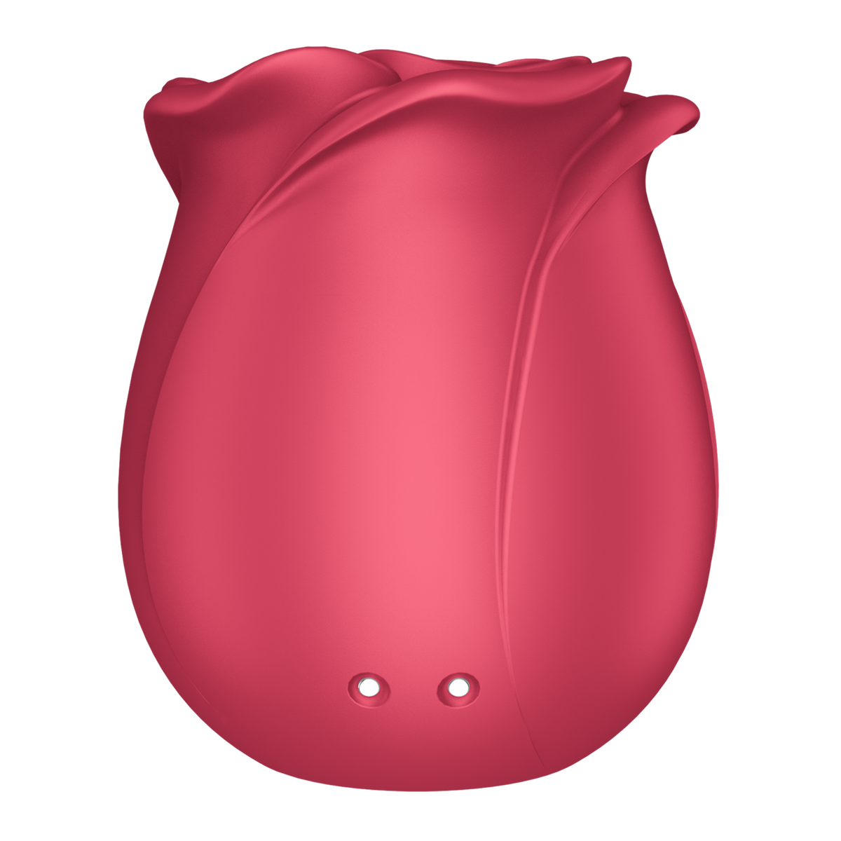 Czerwona zabawka erotyczna w kształcie róży. Ma dwa małe otwory i gładką powierzchnię. Ciemne tło.