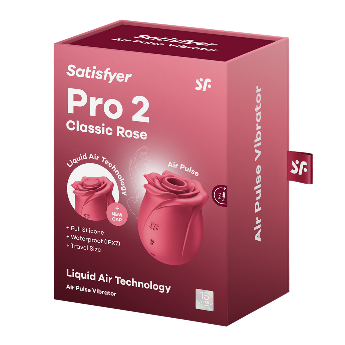 Pudełko wibratora Satisfyer Pro 2 Classic Rose. Pudełko jest czerwone i przedstawia urządzenie w kształcie róży.