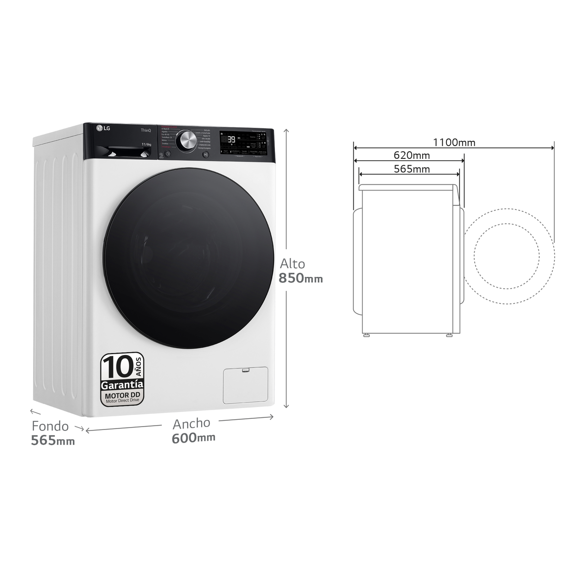 Lavadora LG blanca con puerta negra y medidas. Las dimensiones se muestran en la imagen.