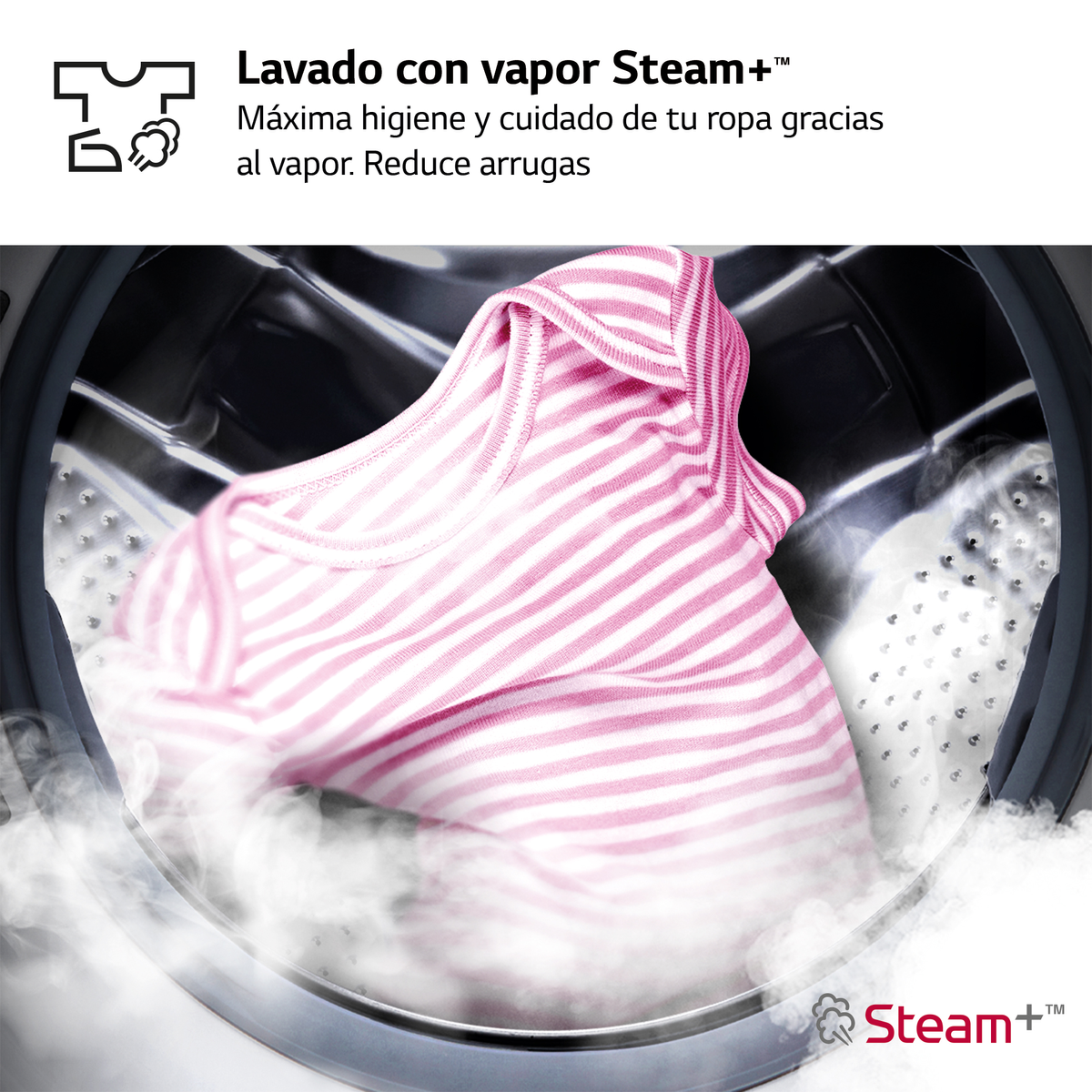 Una lavadora con una camisa a rayas rosa y blanca dentro.