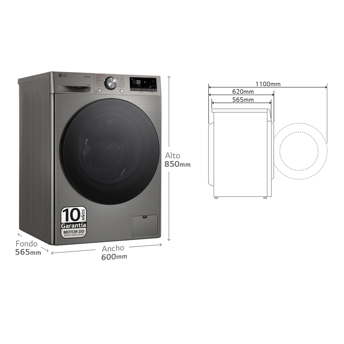 Lavadora LG: gris, dimensiones en mm y adhesivo de garantía de 10 años.