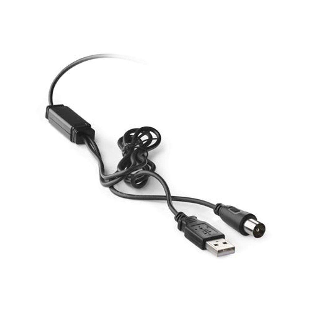 Cable USB negro con conector USB y un conector más pequeño. El fondo es blanco.