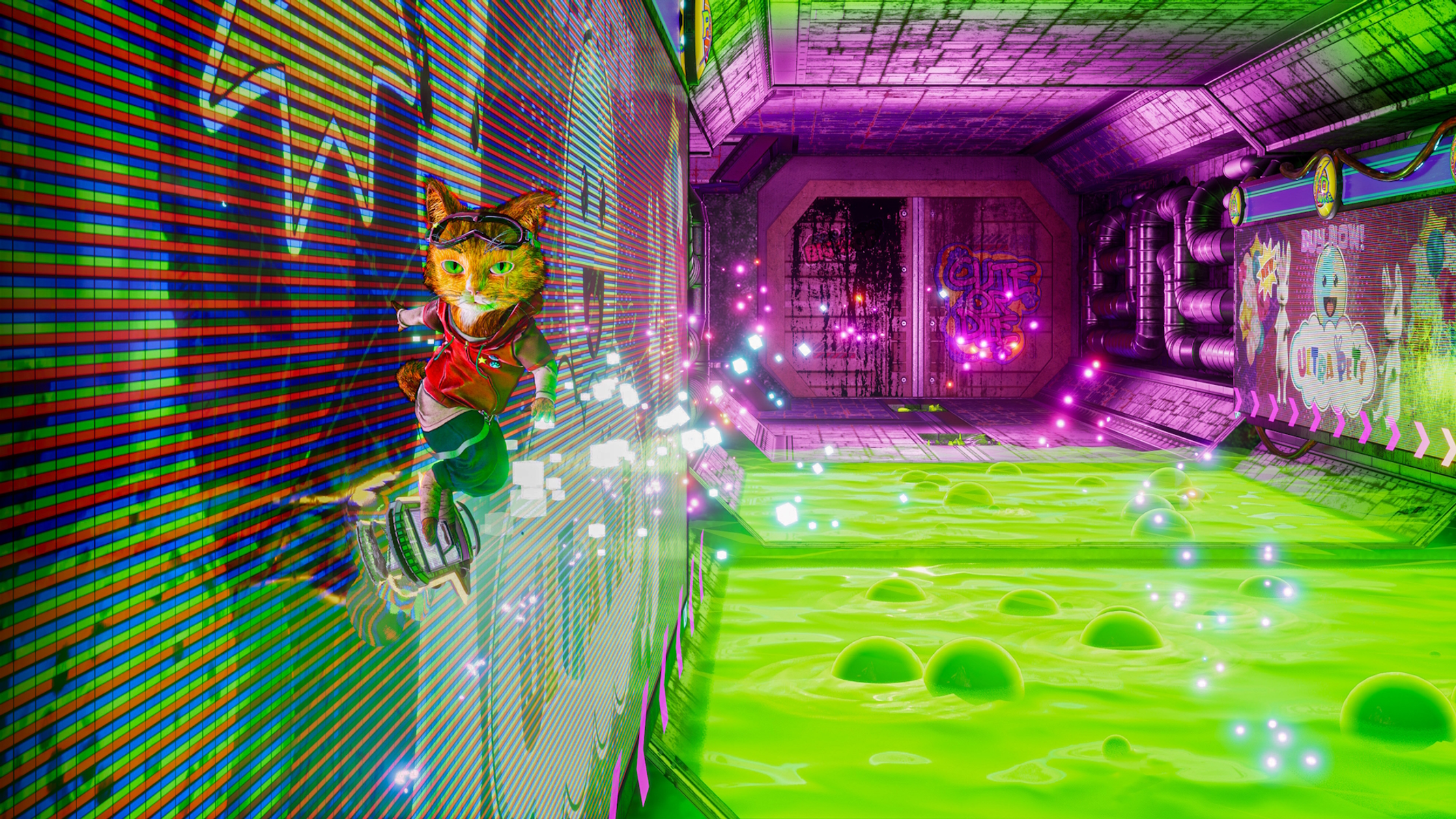 Personaggio simile a un gatto su un hoverboard in un ambiente futuristico. Colori neon, sfondo pixelato.