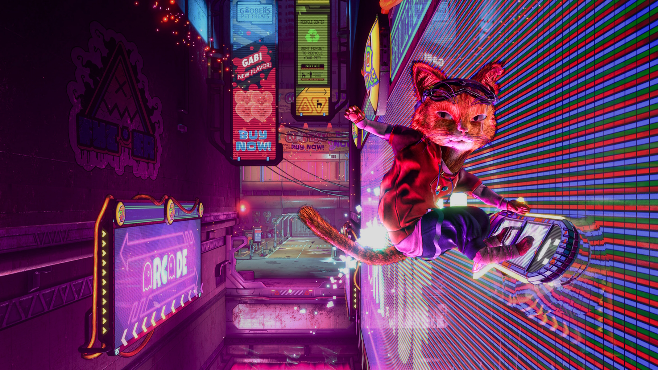 Un gatto in tuta spaziale che fa skateboard in un paesaggio urbano cyberpunk illuminato al neon di notte.