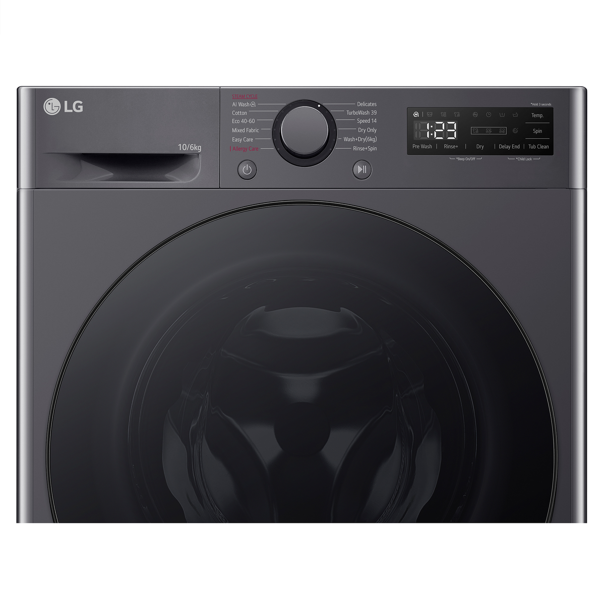 Una lavadora LG gris oscuro con puerta circular. El panel de control está en la parte superior.