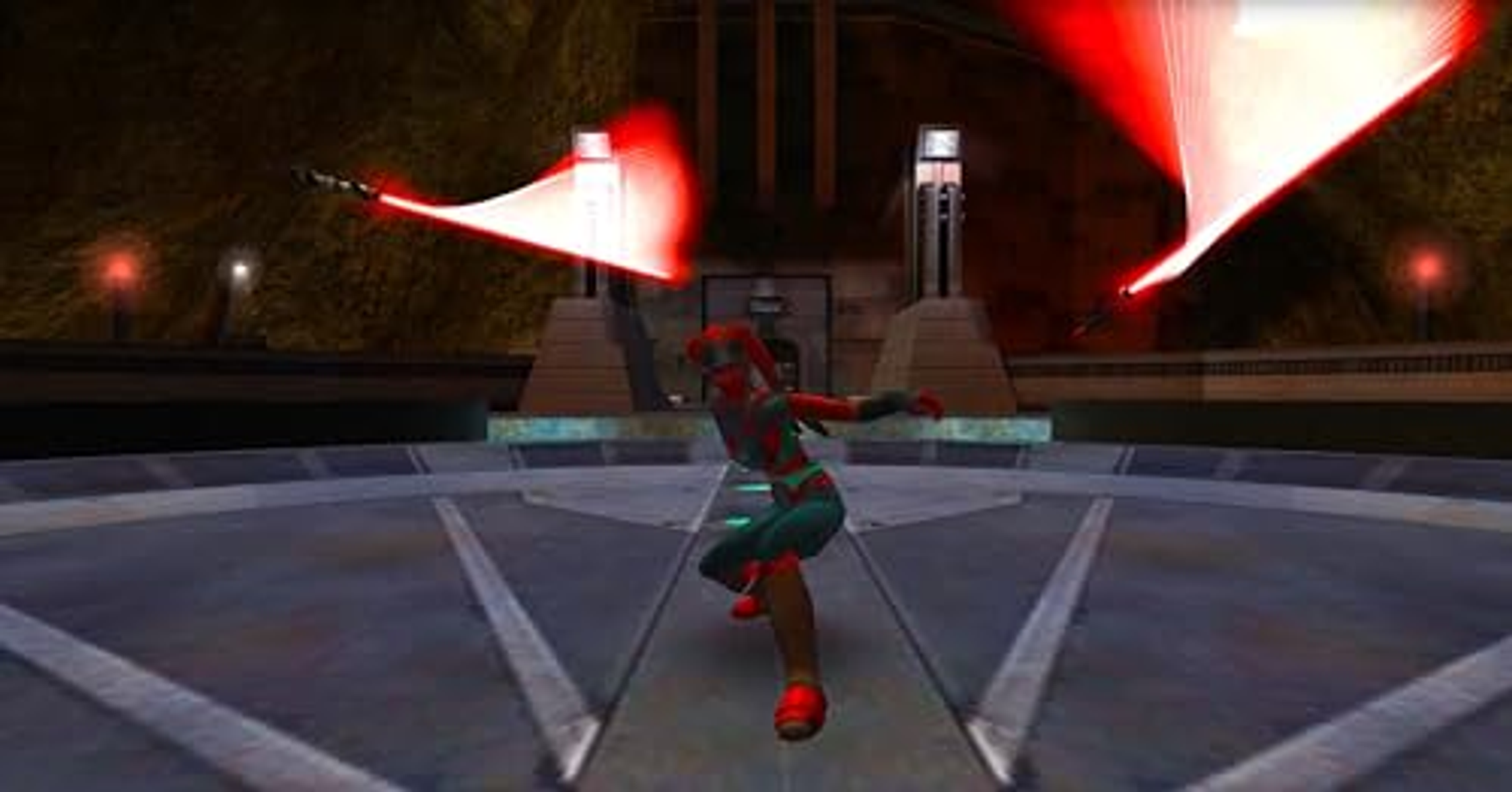 Una escena de videojuego. Un personaje con sables de luz rojos lucha en un entorno futurista.