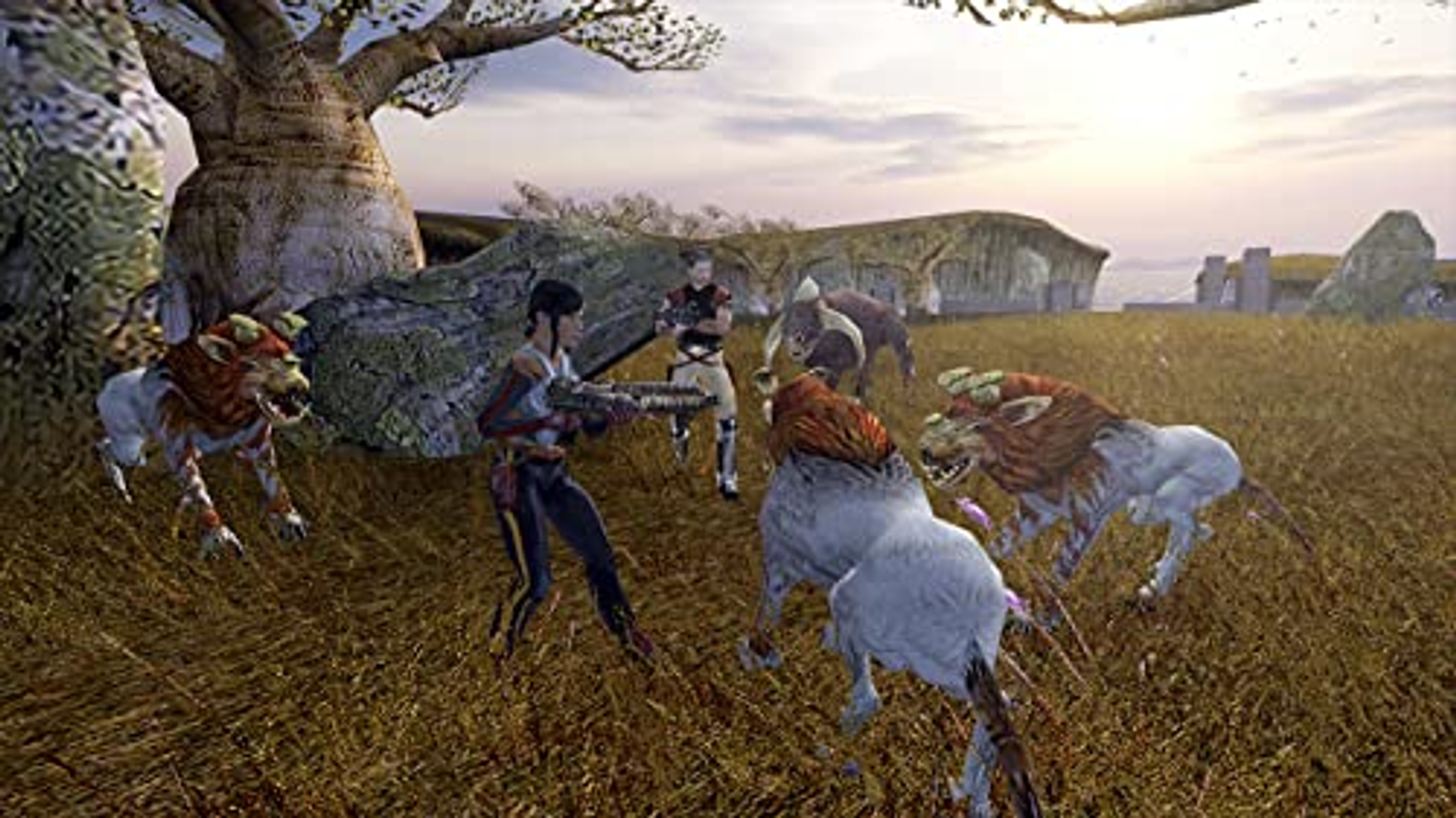 Una escena de juego con dos personajes, monstruos y un campo de hierba.