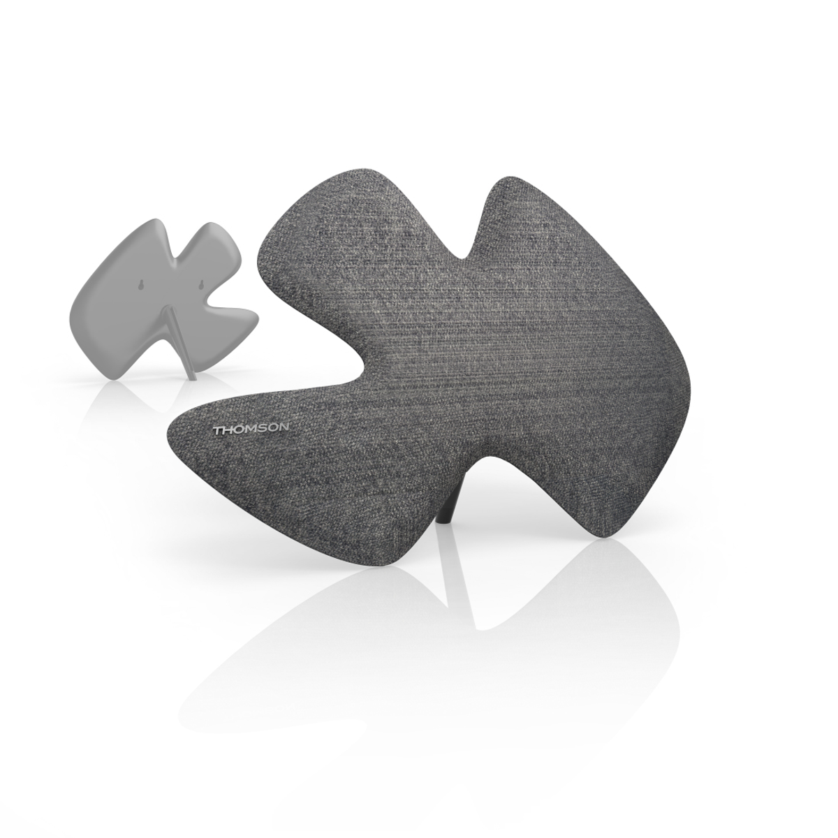 Szary głośnik o abstrakcyjnym kształcie z mniejszym, odłączonym głośnikiem.