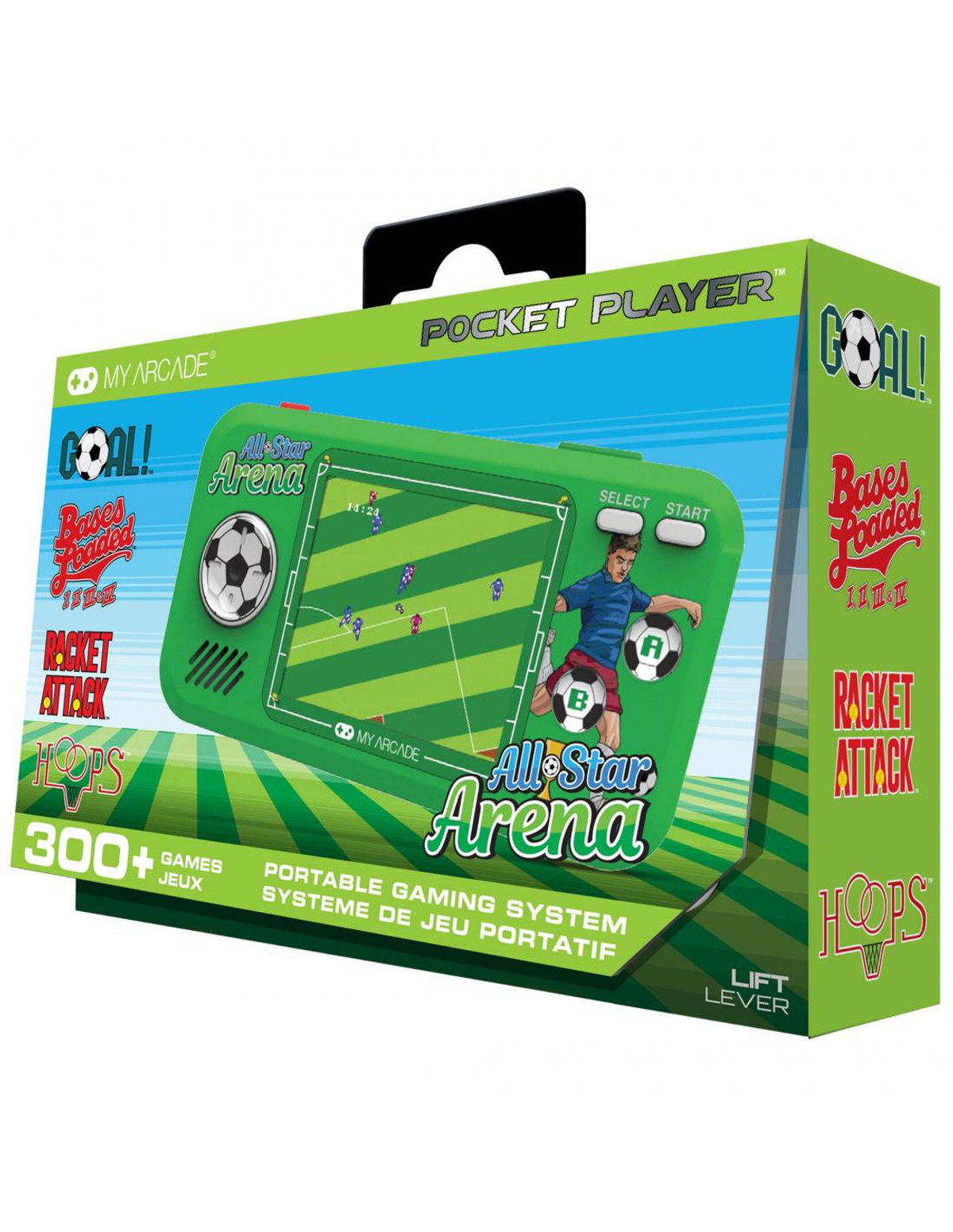 Caja verde y roja para un sistema de juego portátil, con un juego de campo de fútbol.