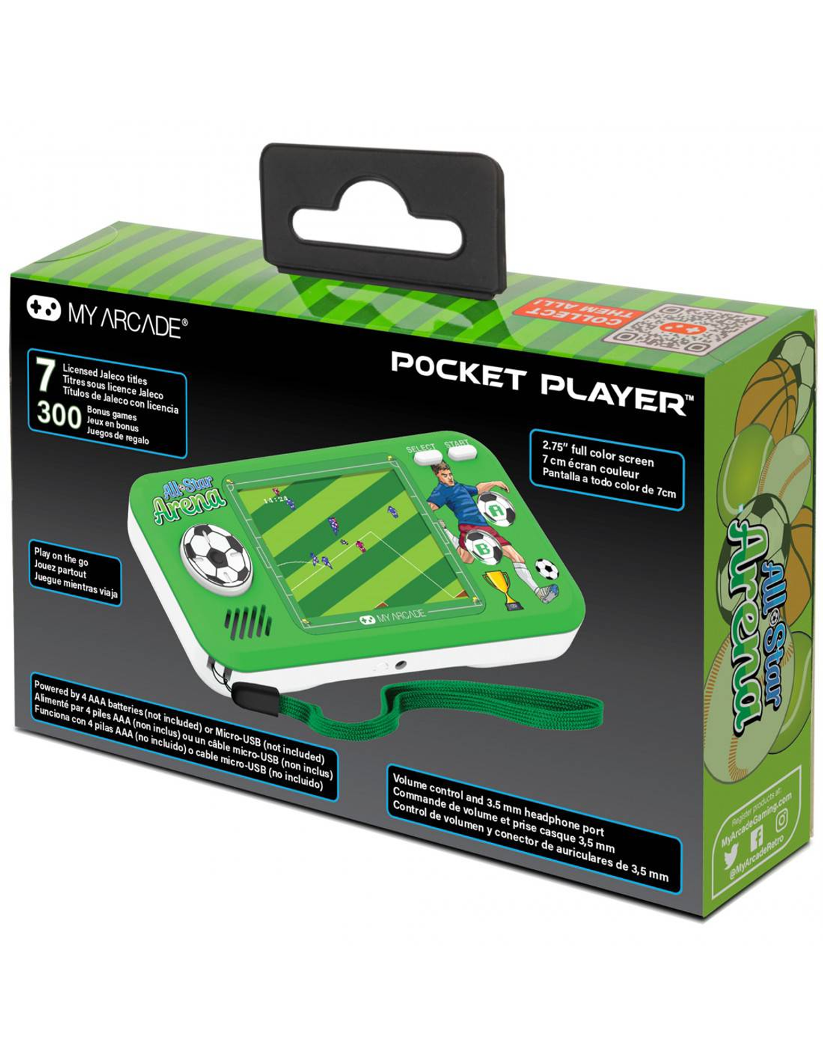 Una caja verde para un Pocket Player, que muestra un juego de fútbol en la pantalla.
