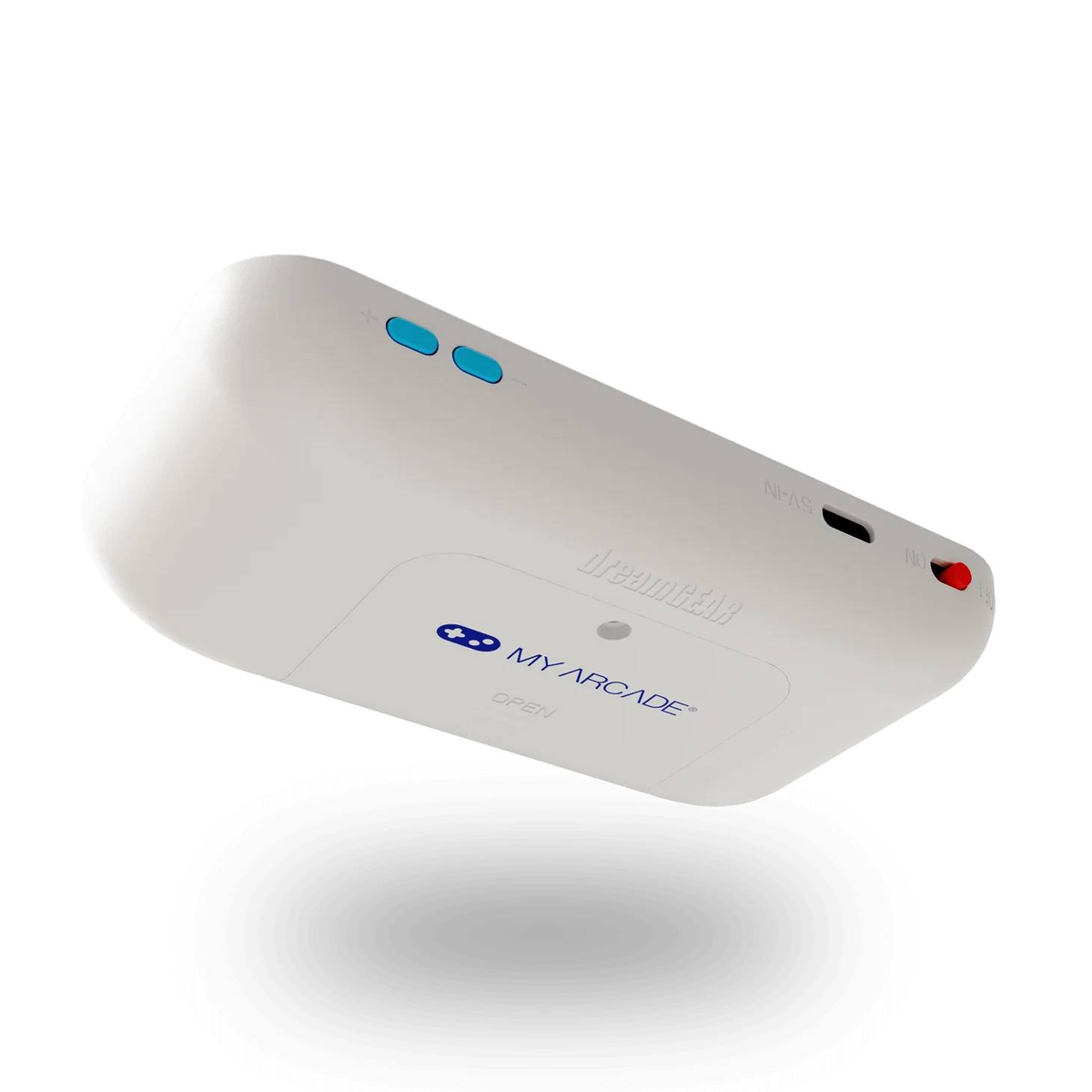 Białe urządzenie z niebieskimi i czerwonymi przyciskami, z napisem "MY ARCADE" i "dreamGEAR".