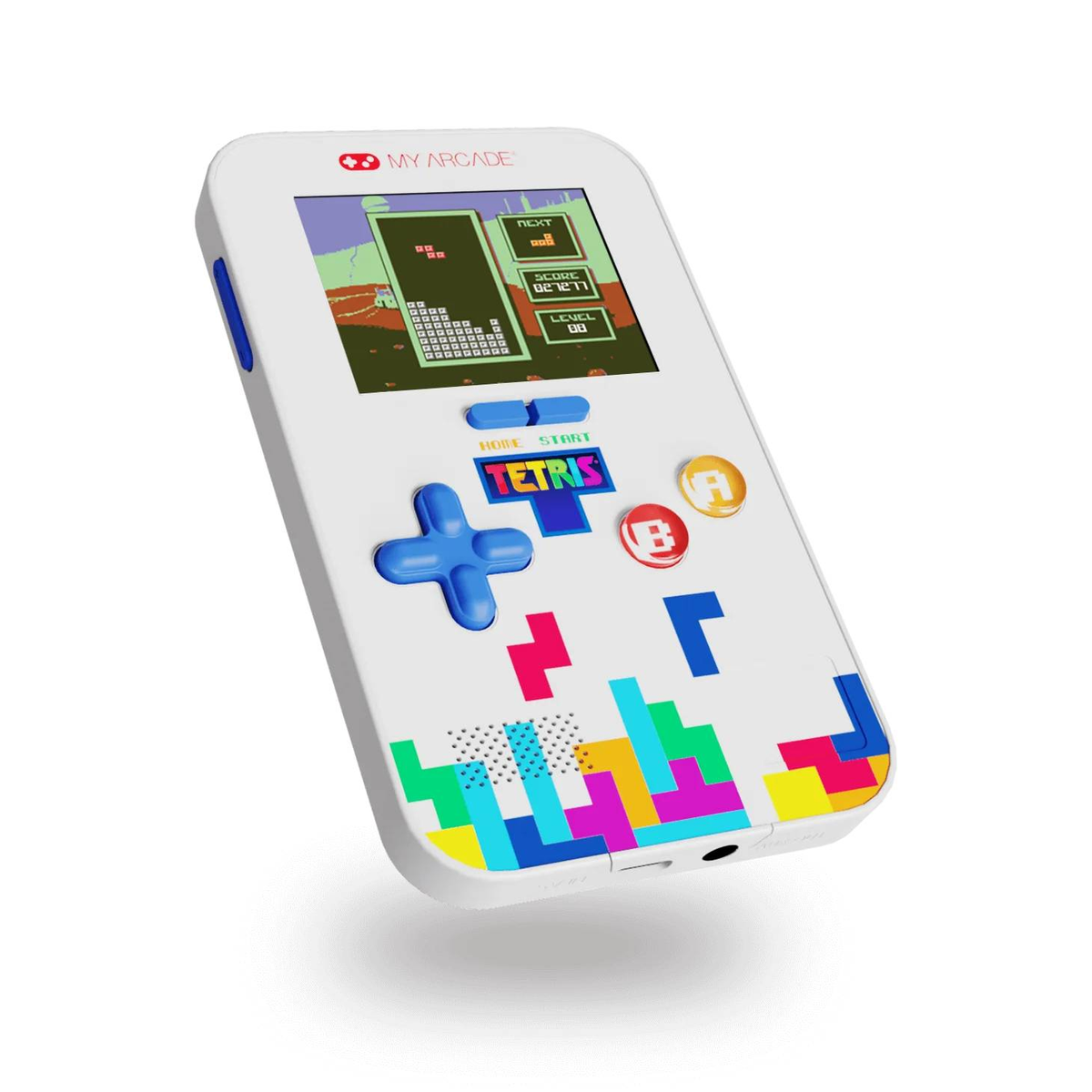 Biała konsola do gier retro z grą Tetris na ekranie.