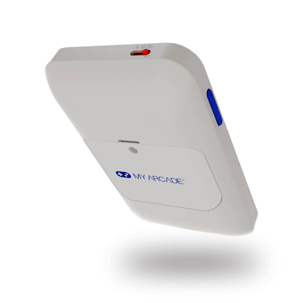 Biała przenośna konsola do gier z niebieskim akcentem. Widoczne logo My Arcade. Unosi się w powietrzu.