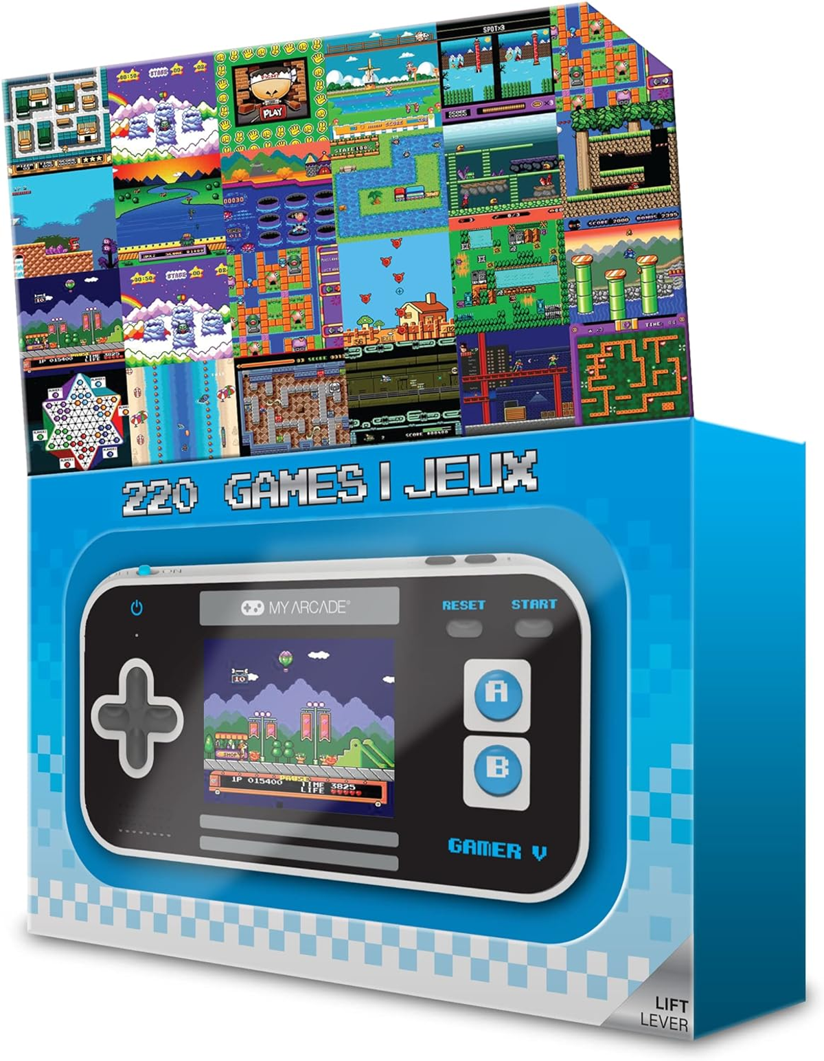 Verpackte Retro-Handheld-Spielkonsole. Box zeigt verschiedene Spiel-Screenshots und ein Konsolen-Design.