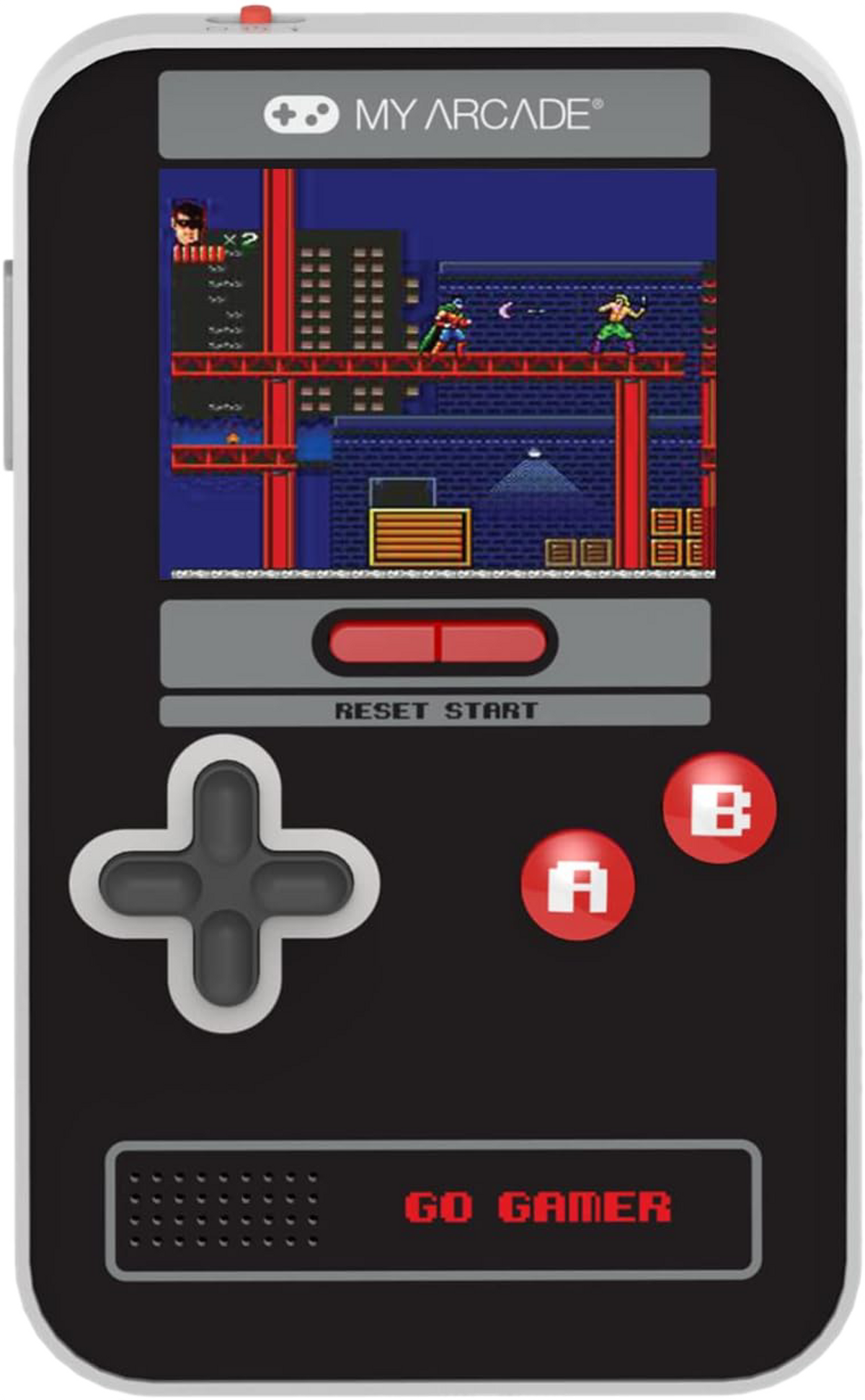 Una consola de juegos portátil negra muestra una escena de juego retro con dos personajes en una ciudad.