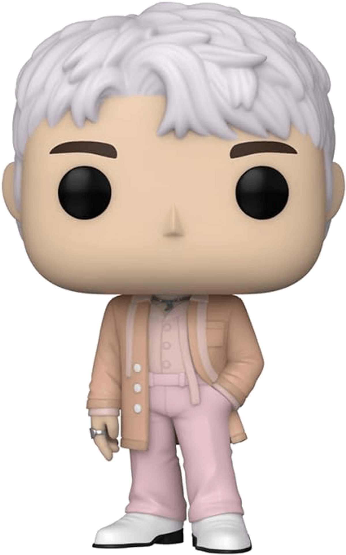 Figura Funko Pop de un hombre con cabello blanco, traje rosa.