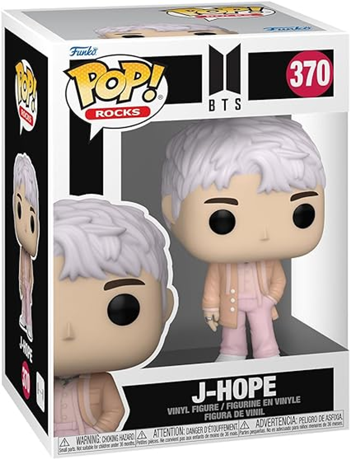 Figura Funko Pop de J-Hope de BTS en caja. J-Hope con pelo blanco, en atuendo rosa.