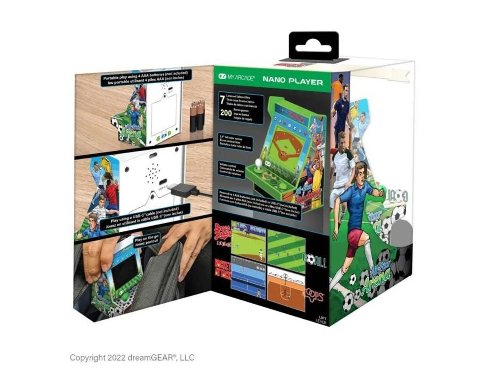 Una caja con un juego de arcade nano player. La caja muestra pantallas de juego e imágenes de personas jugando.