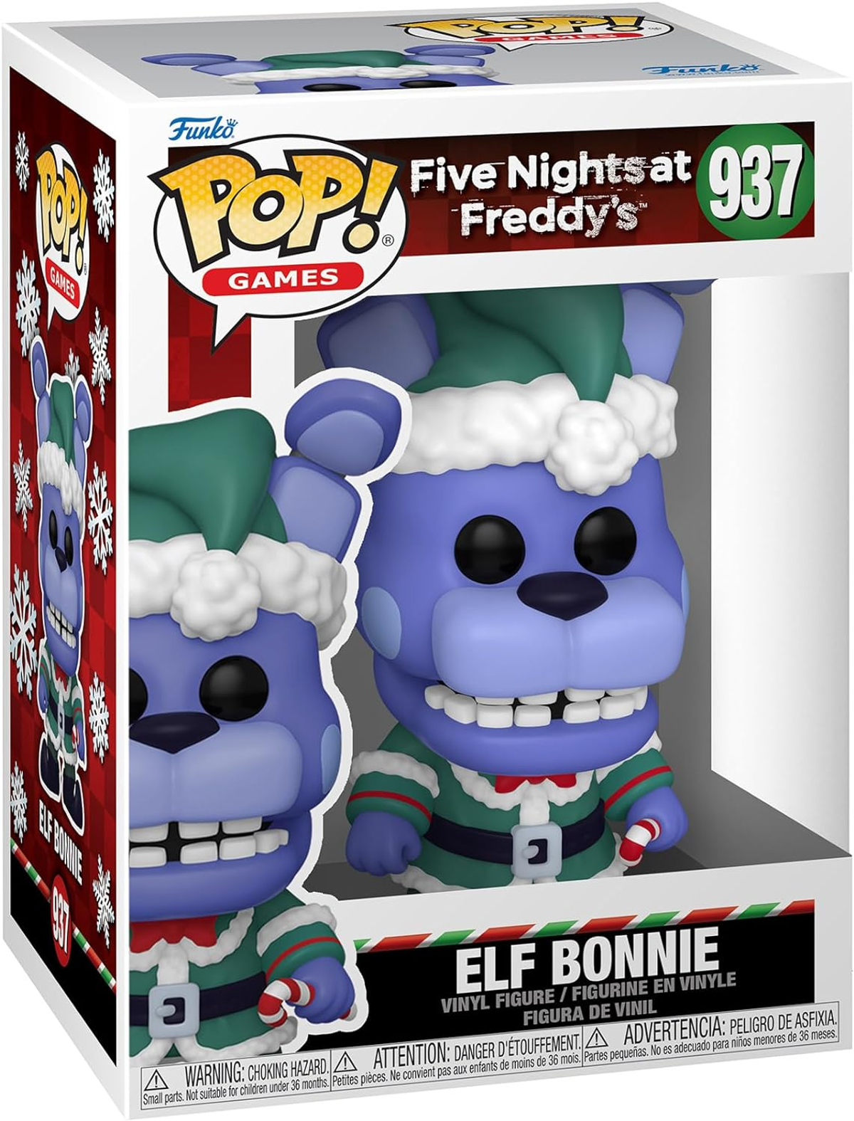 Figura Funko Pop! Elf Bonnie en una caja. Tiene un gorro verde y un bastón de caramelo.