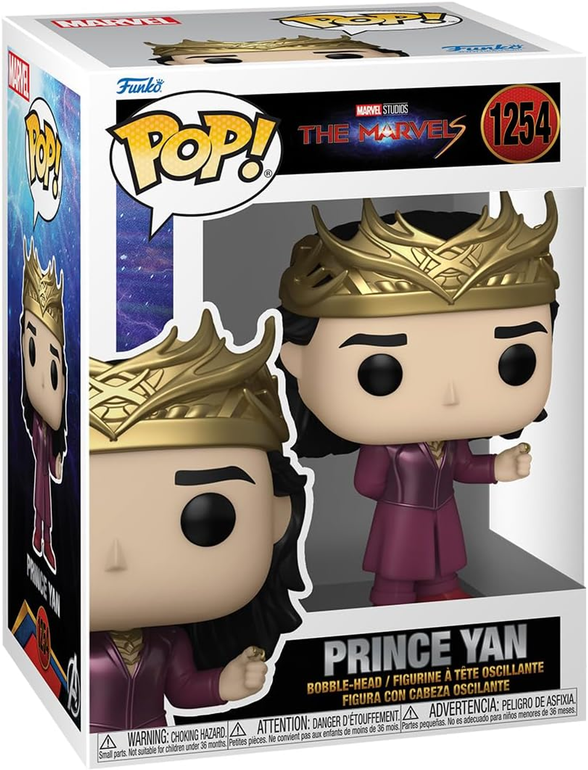 Funko Pop-Figur von Prinz Yan in einer Box. Figur trägt goldene Krone und lila Kleidung.