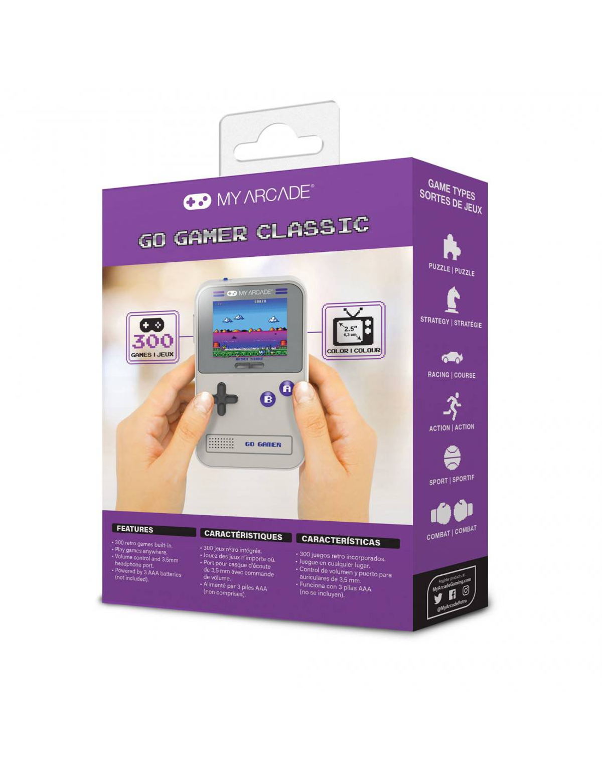 Caja de Go Gamer Classic, consola portátil. Muestra la consola y los gráficos del juego.