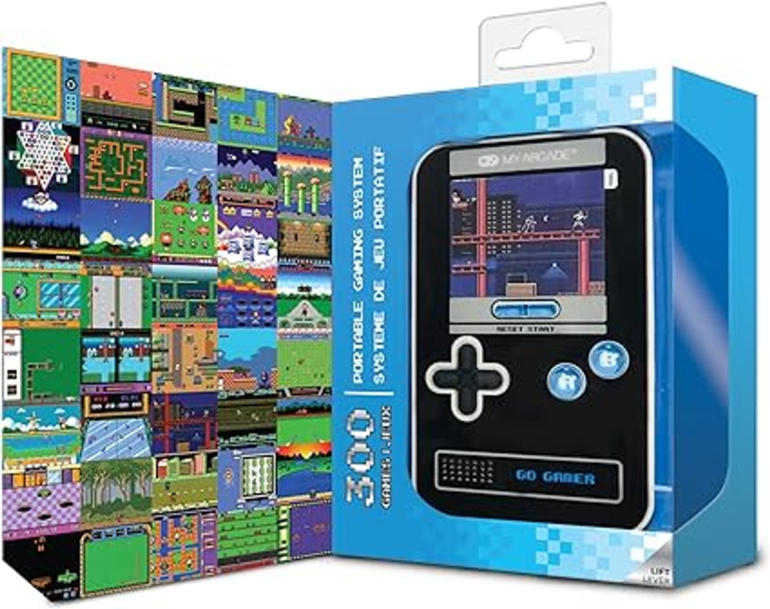 Un sistema di gioco portatile in scatola con uno schermo di gioco e vari screenshot di gioco sulla scatola.