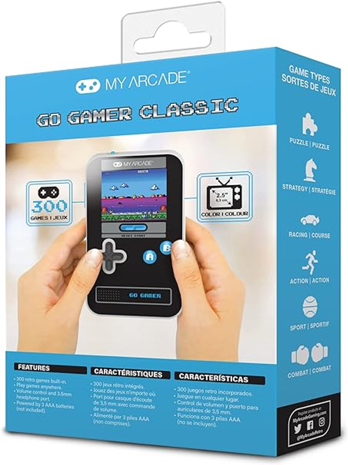 Scatola di una console di gioco portatile retrò con un gioco visualizzato sullo schermo.