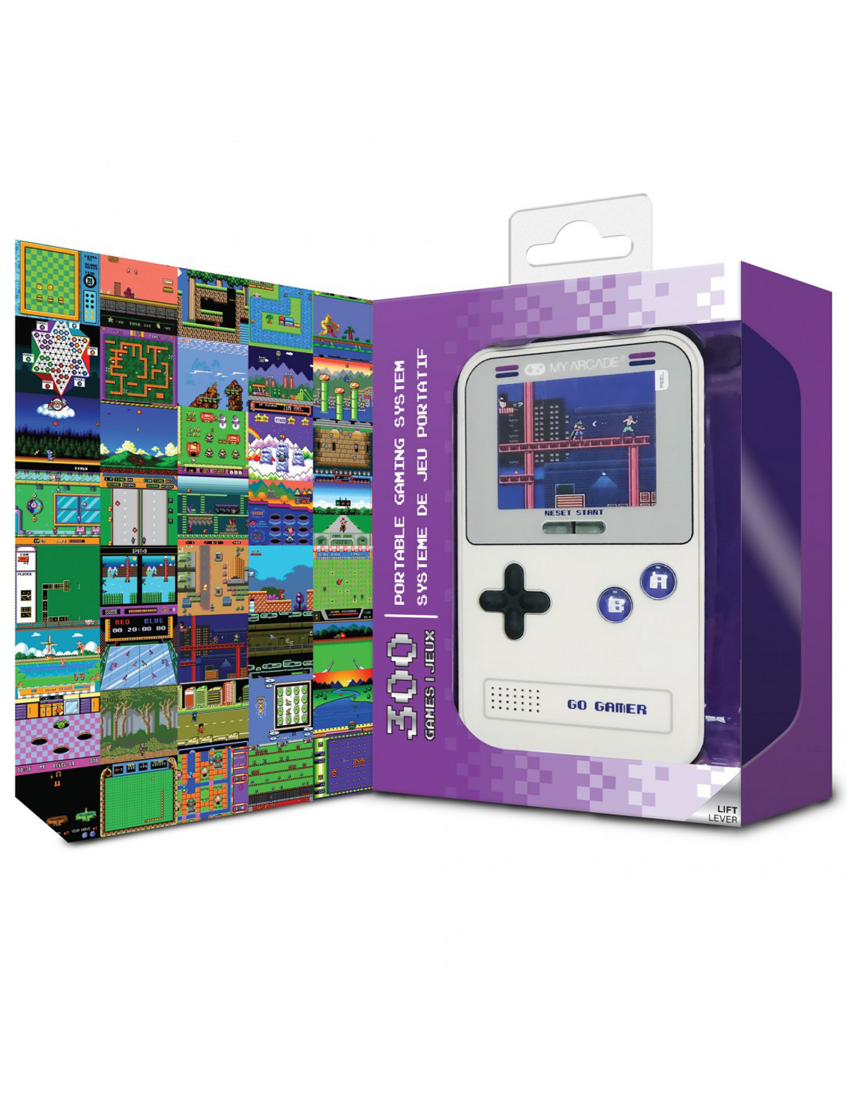 Consola de juegos retro portátil. Muestra múltiples capturas de pantalla del juego.