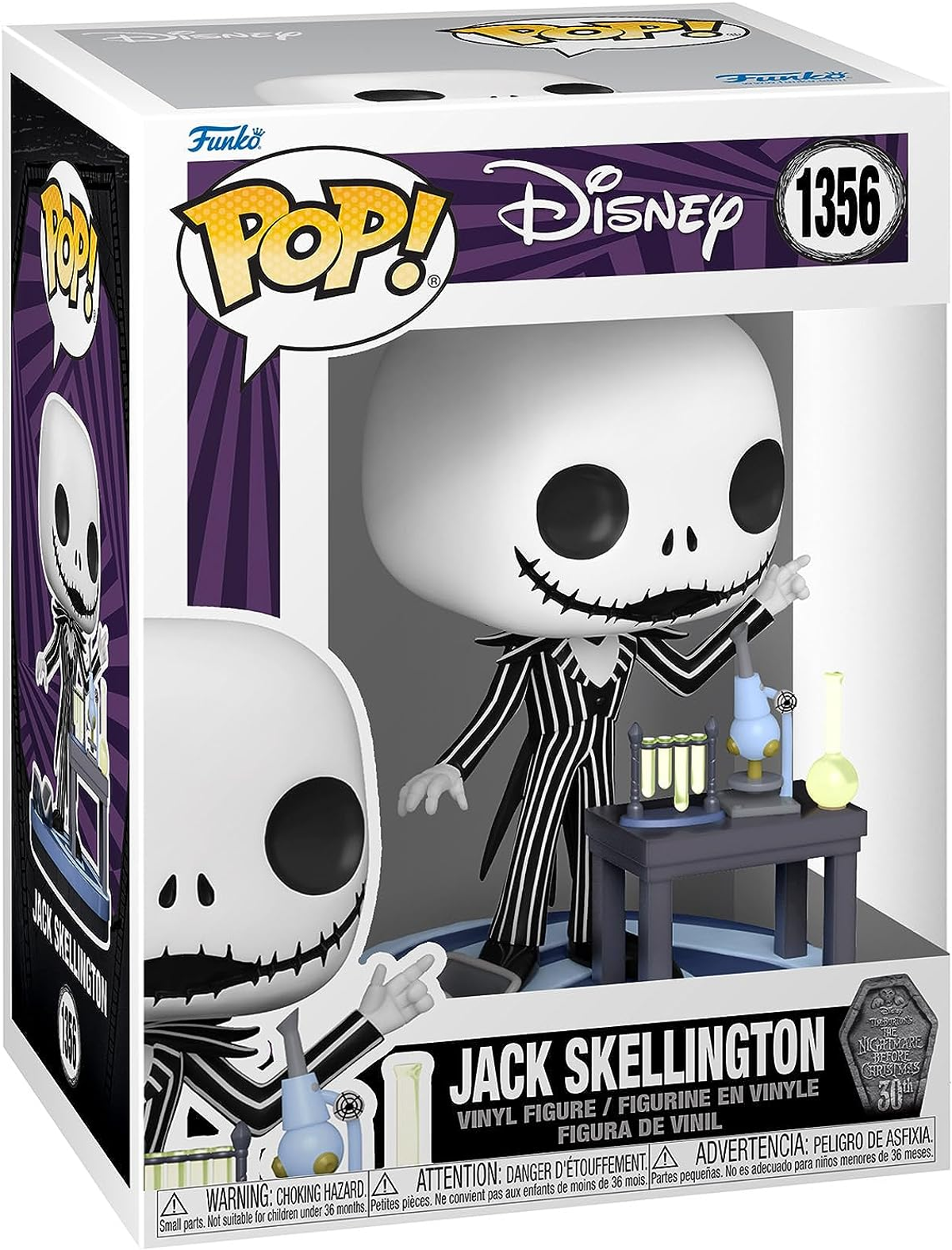 Funko Pop di Jack Skellington in una scatola espositiva con attrezzature da laboratorio.