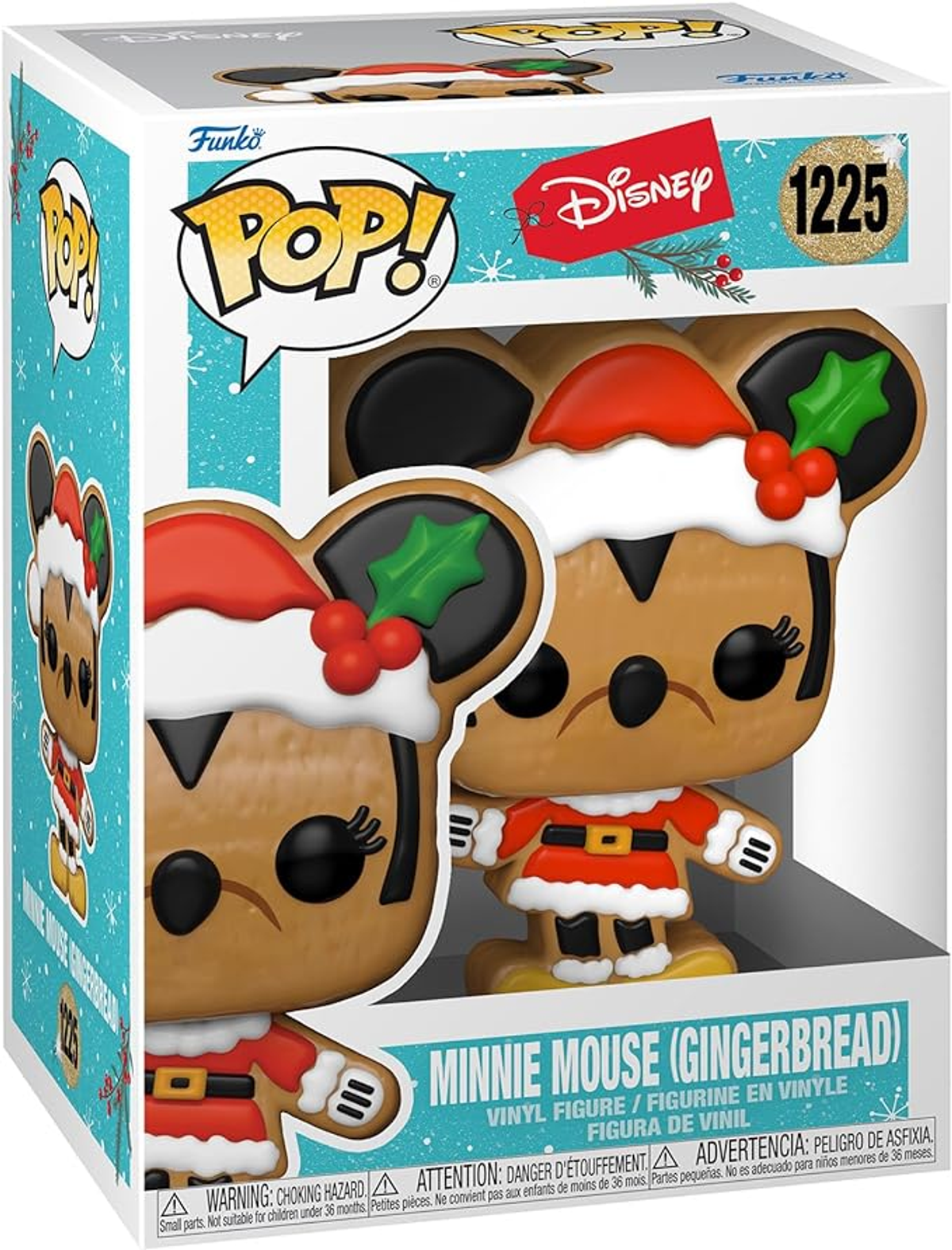 Figura di pan di zenzero di Minnie Mouse in una scatola, in abito natalizio, e una scatola Funko Pop.