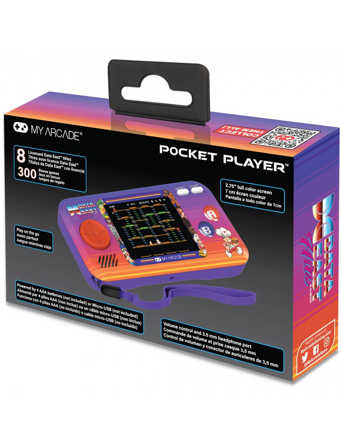 Caja de Pocket Player con diseño de consola retro y pantalla.