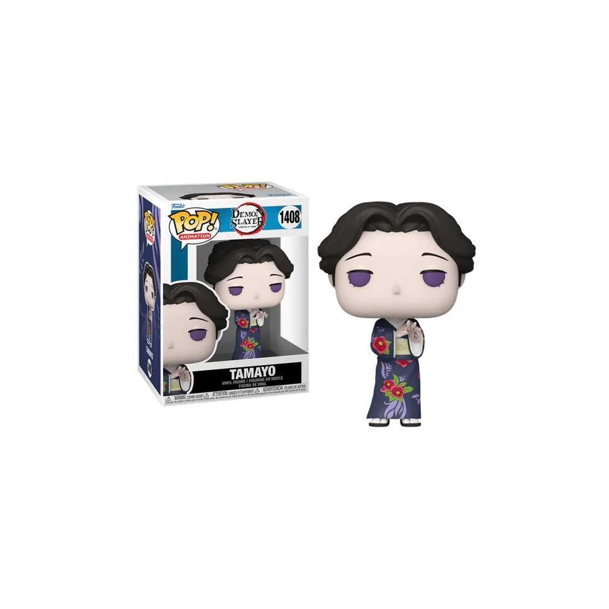 Funko Pop Figur von Tamayo aus Demon Slayer, in einem Kimono, mit Box, auf weißem Hintergrund.