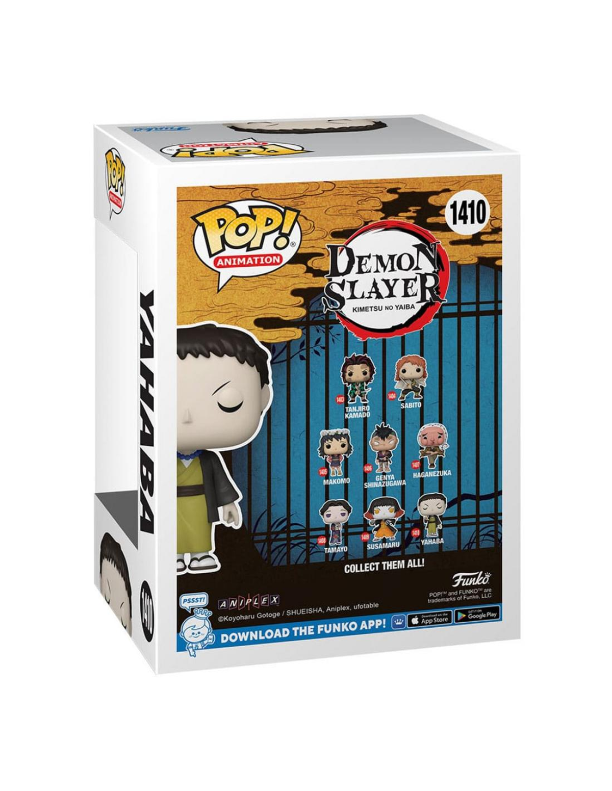 Una figura Funko Pop di Yahaba da Demon Slayer, in una scatola con immagini di altri personaggi.
