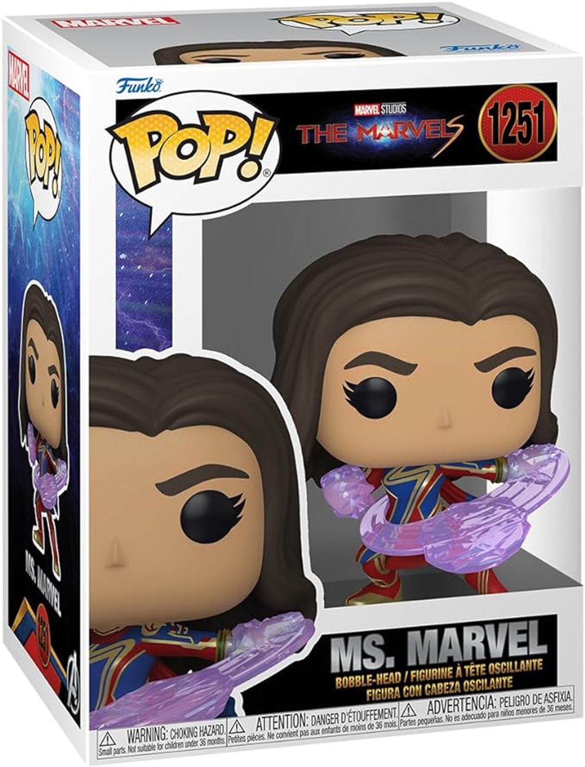 Figura Funko Pop di Ms. Marvel in una scatola, che mostra il personaggio e i dettagli della scatola.