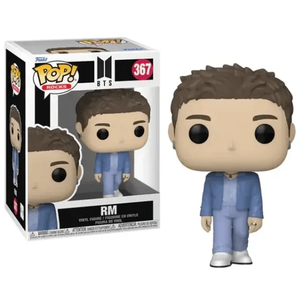 Eine Funko Pop Figur einer Person in blauem Anzug, mit einer Box.
