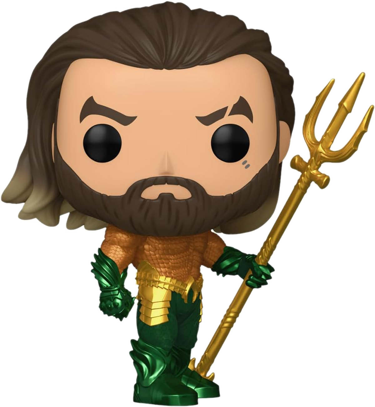 Action figure di Aquaman. La figura ha un tridente d'oro e indossa un costume verde.