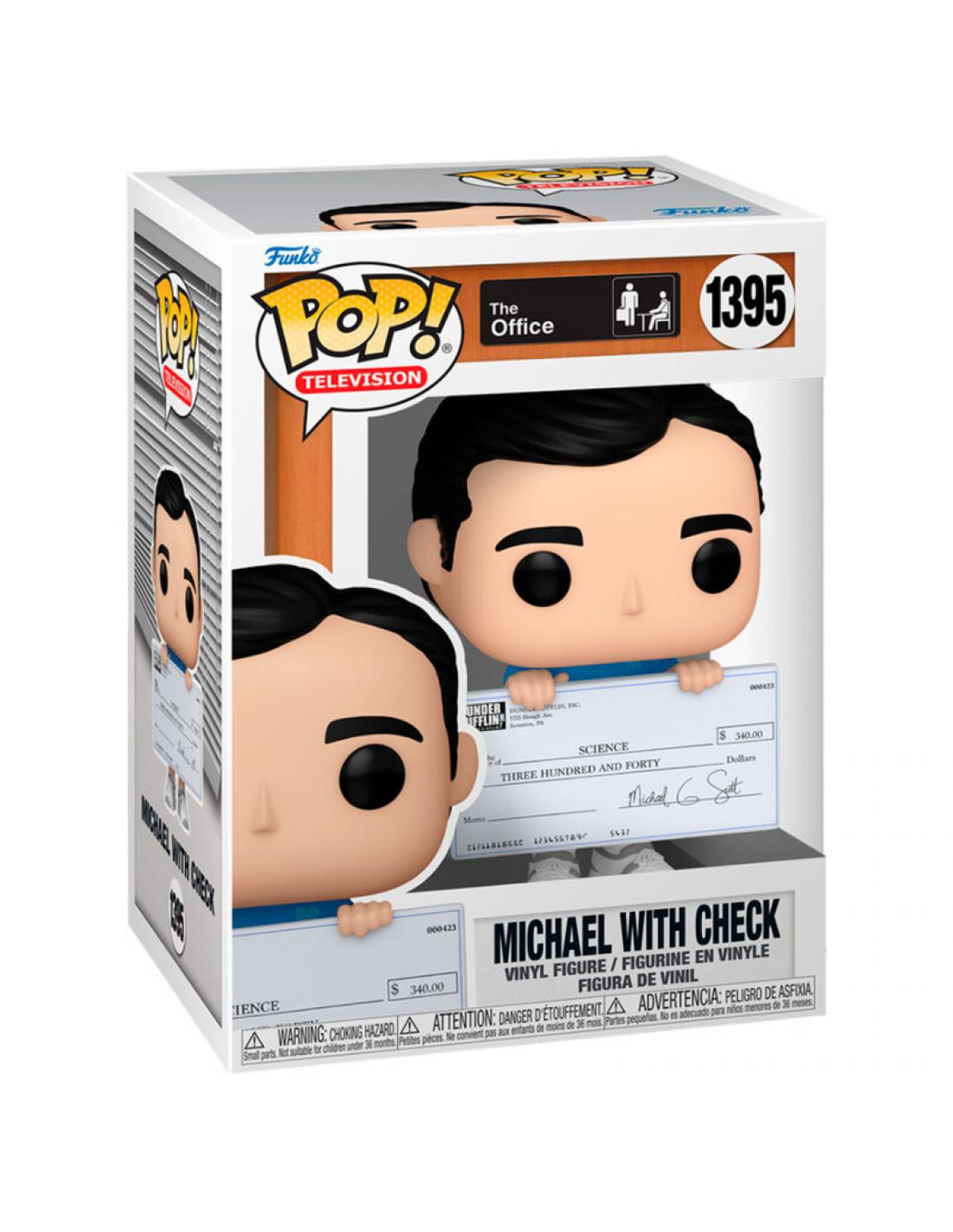 Figura Funko Pop di Michael Scott di The Office, che tiene un assegno. Artwork della scatola visibile.