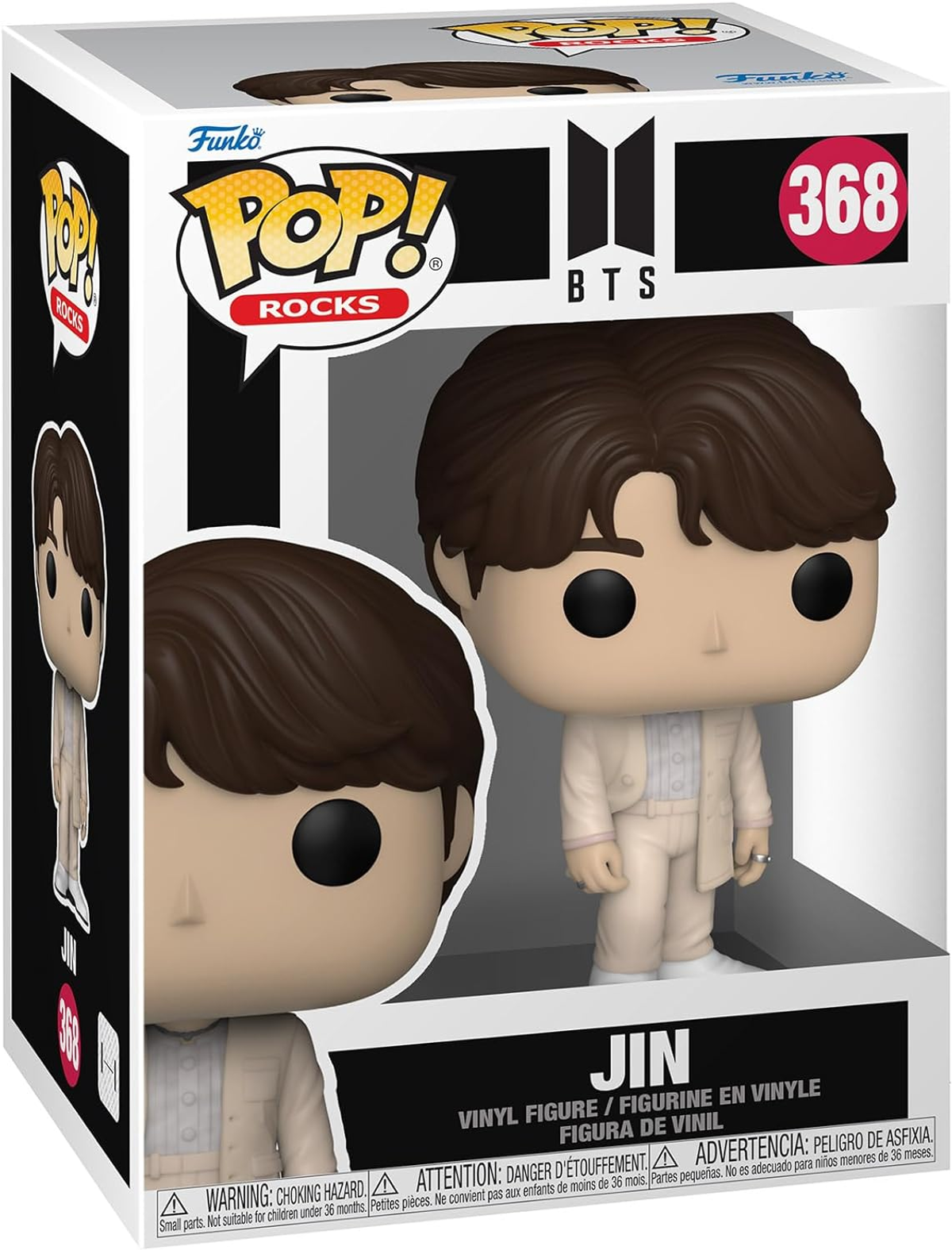 Funko Pop! Rocks figuur van Jin van BTS, in een displaybox. Wit pak en bruin haar.