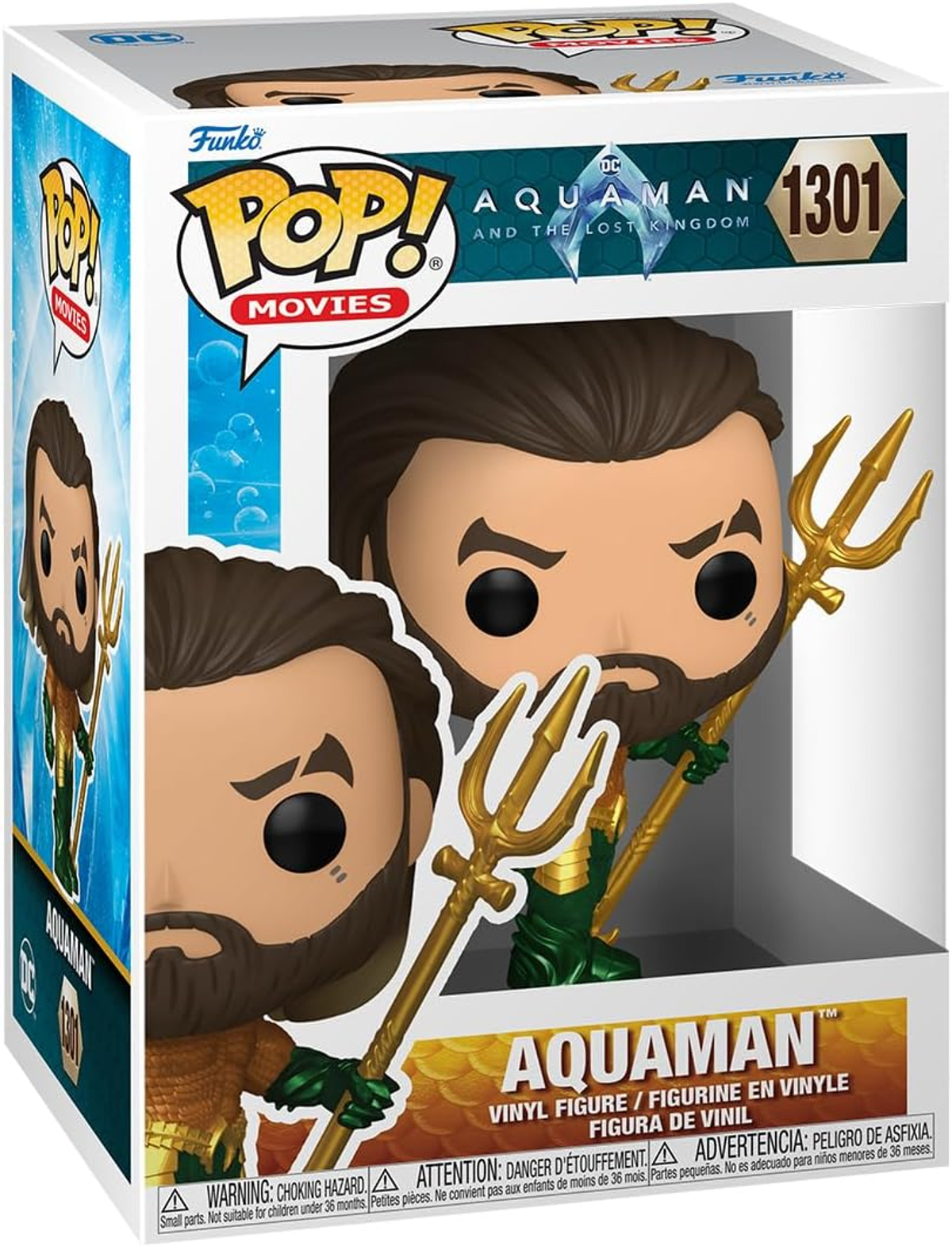 Personaggio di Aquaman Funko Pop in una scatola. Due personaggi all'interno, Aquaman, e scatola con grafica colorata.