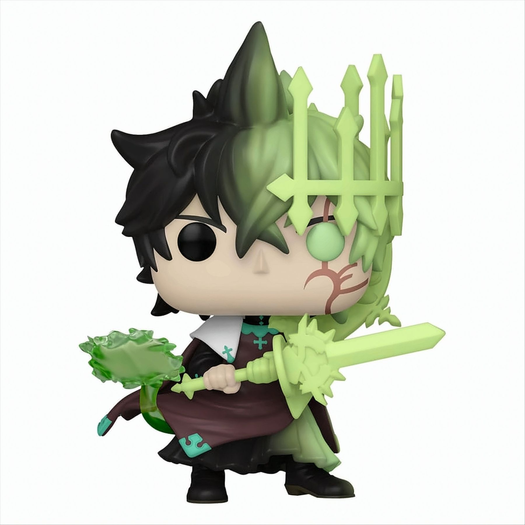 Funko Pop Figur einer Figur mit grünem und schwarzem Haar, die ein grünes Schwert hält.