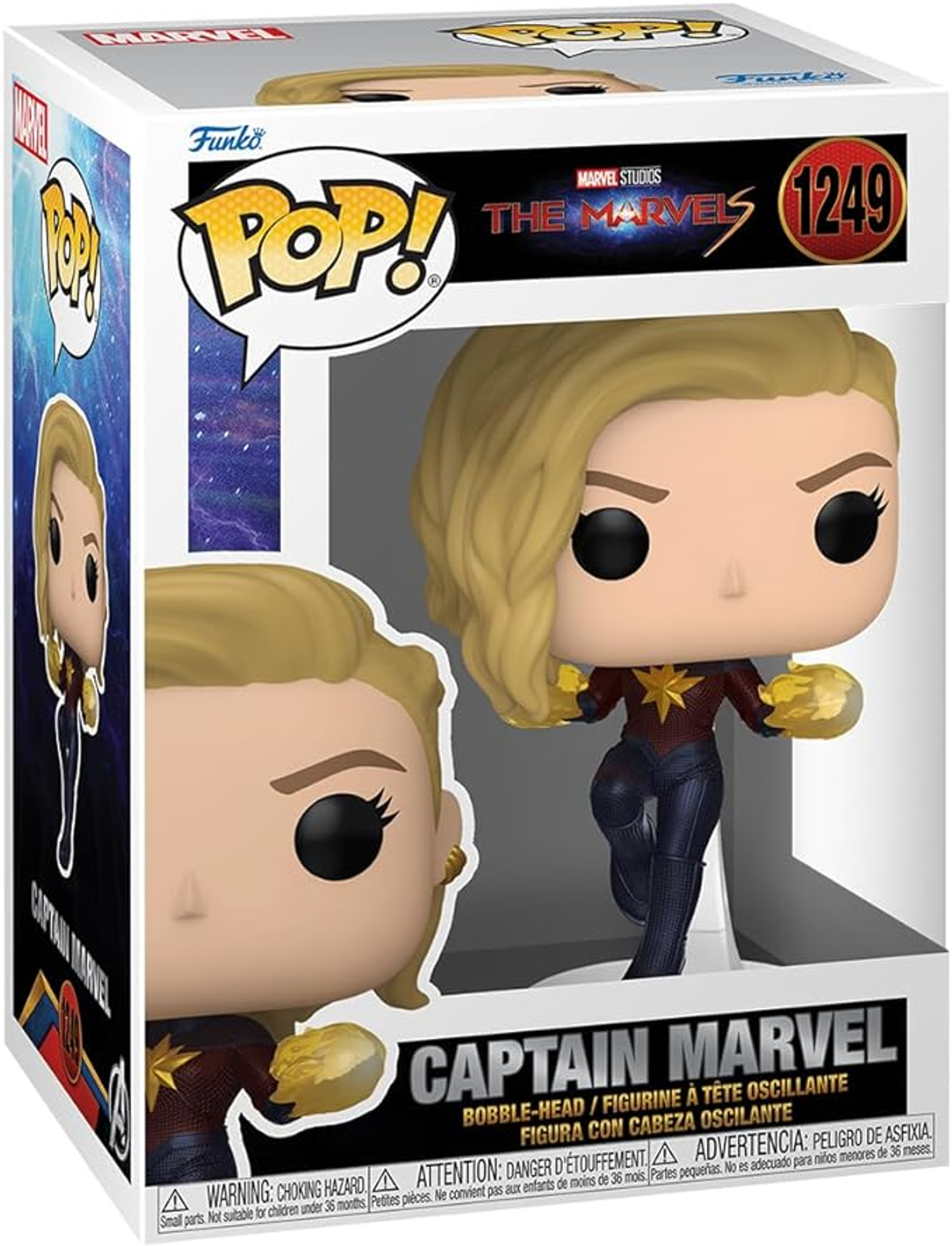 Una scatola Funko Pop! con la statuetta di Captain Marvel. La scatola mostra Captain Marvel in una posa dinamica.