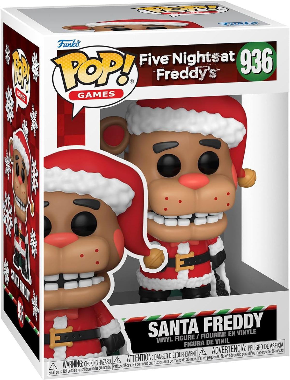 Una figura de Santa Freddy Funko Pop está en una caja. La caja muestra otro Freddy.