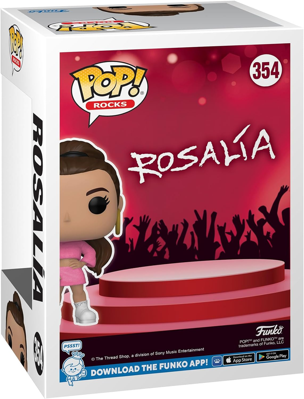 Scatola Funko Pop di Rosalía. Immagine di Rosalía sul palco, logo Funko in alto.