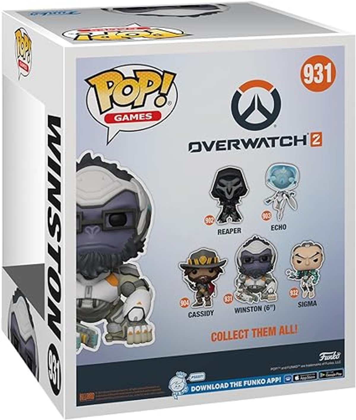 Rückseite einer Funko Pop!-Box. Es zeigt Winston und andere Overwatch 2-Charaktere.