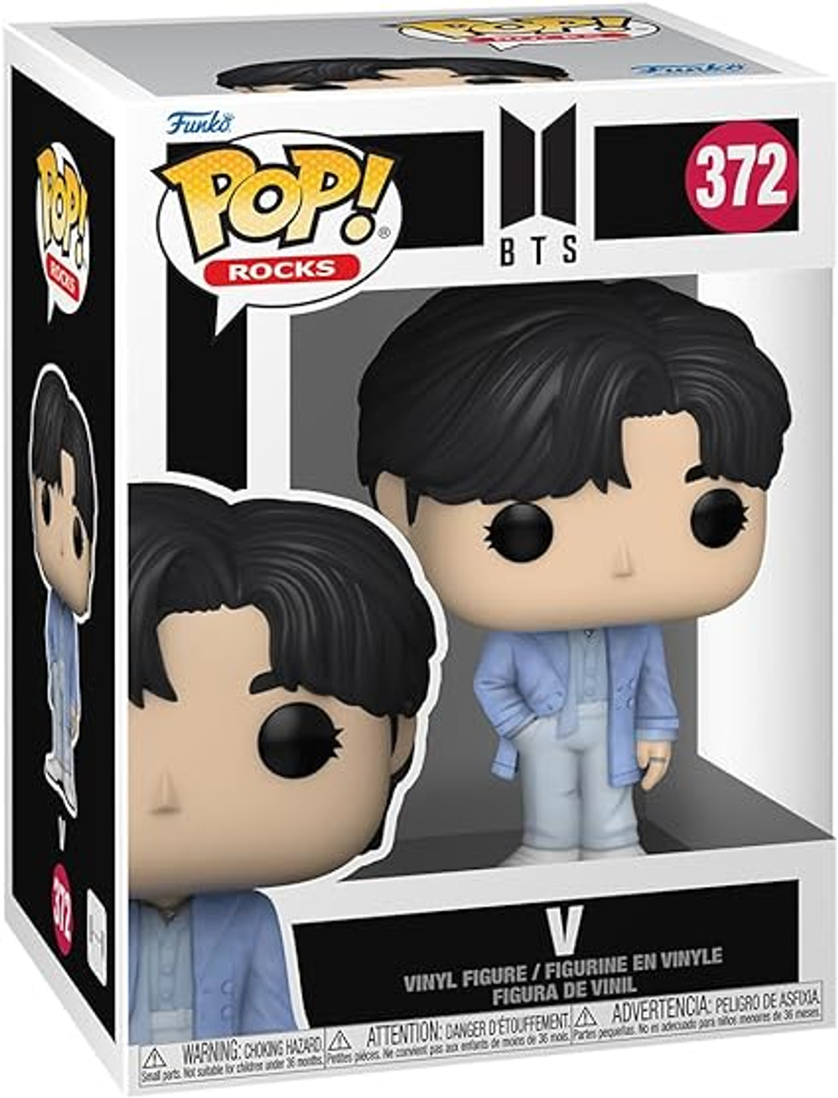 Una scatola Funko Pop! con una figura di V dei BTS, la scatola è bianca, con testo.
