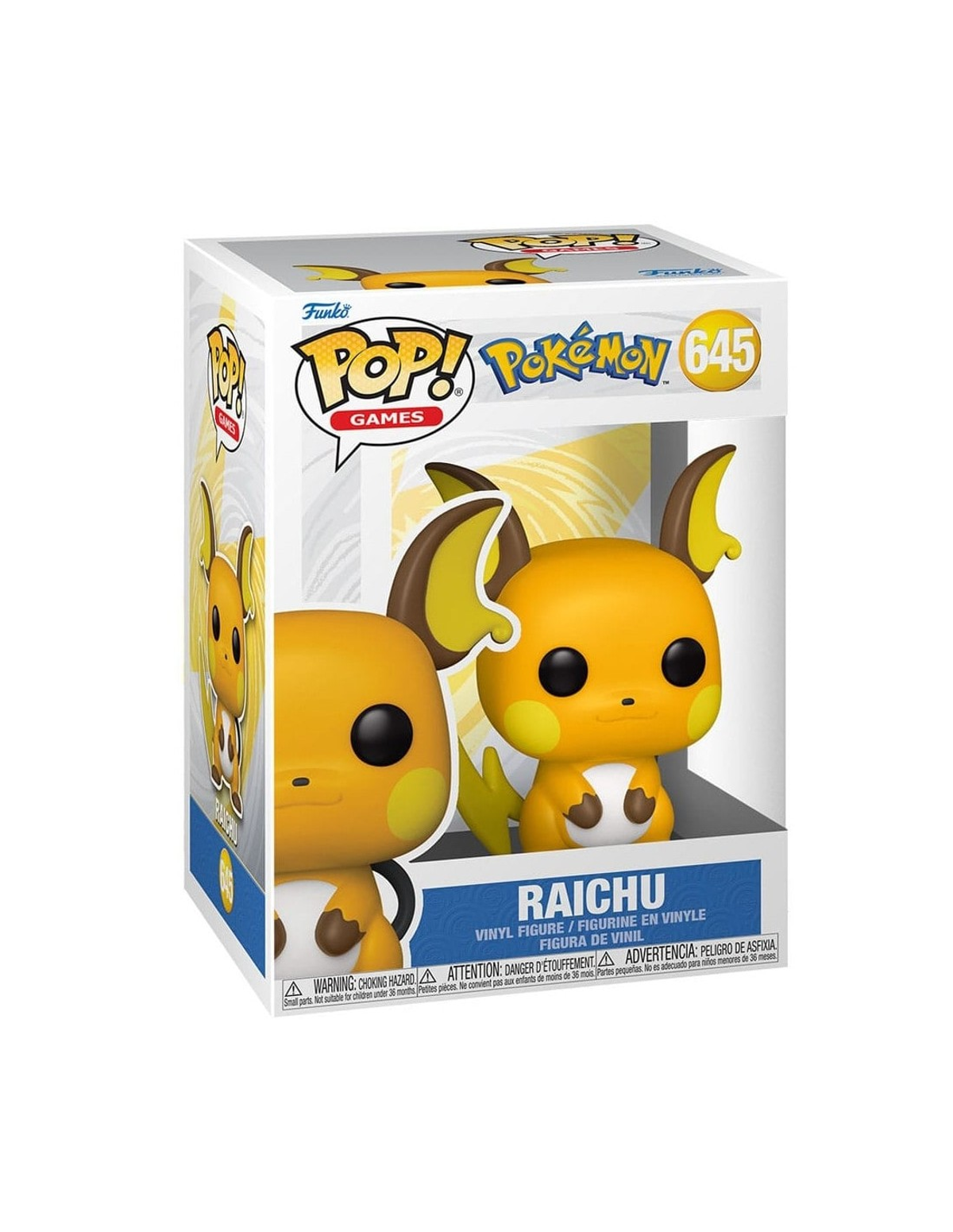 Eine Funko Pop!-Box mit einer gelben Raichu-Figur, mit Namen und Details zur Spieleserie.